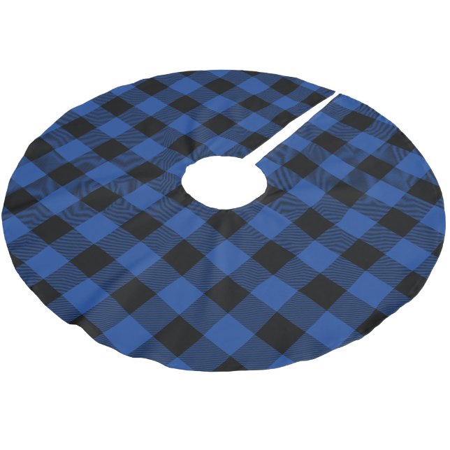 Rustic Blue and Black Buffalo Check Plaid Brushed Polyester Tree Skirt (Angled)