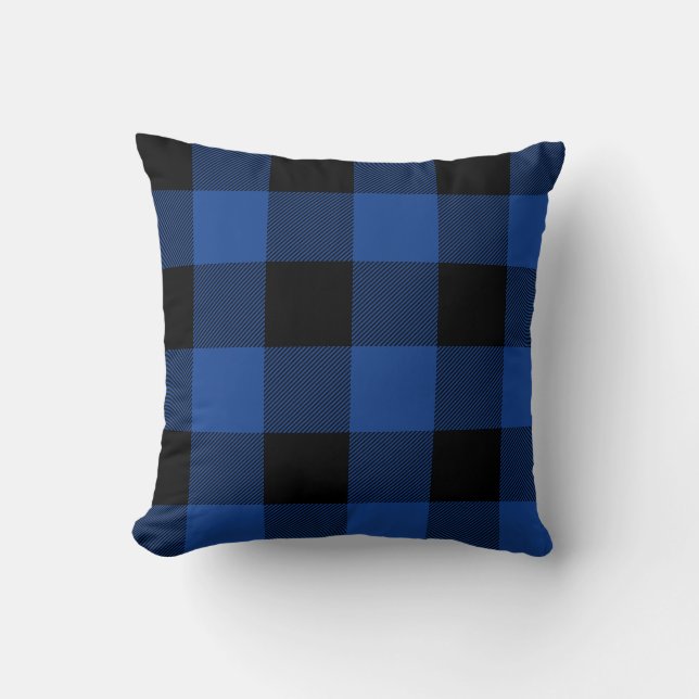 Rustic Blue and Black Buffalo Check Plaid Throw Pillow (Front)