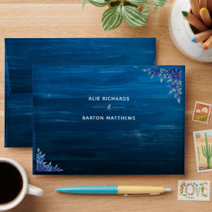 Rustic Blue and Gold Rose Wood Minimalist Wedding Envelope