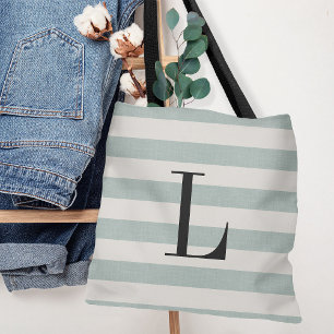 Rustic Blue and Ivory Stripes Large Monogram Tote Bag