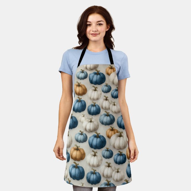 Rustic Blue and Neutral Pumpkins Apron (Worn)