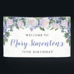 Rustic Blue and White Floral 70th Birthday Banner<br><div class="desc">Rustic and elegant. White roses,  blue flowers and lots of greenery,  leaves and vines join together to create a beautiful floral border along the top of this 70th birthday banner.</div>