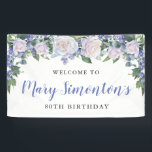Rustic Blue and White Floral 80th Birthday Banner<br><div class="desc">Rustic and elegant. White roses,  blue flowers and lots of greenery,  leaves and vines join together to create a beautiful floral border along the top of this 80th birthday banner.</div>