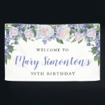 Rustic Blue and White Floral 90th Birthday Banner<br><div class="desc">Rustic and elegant. White roses,  blue flowers and lots of greenery,  leaves and vines join together to create a beautiful floral border along the top of this 90th birthday banner.</div>