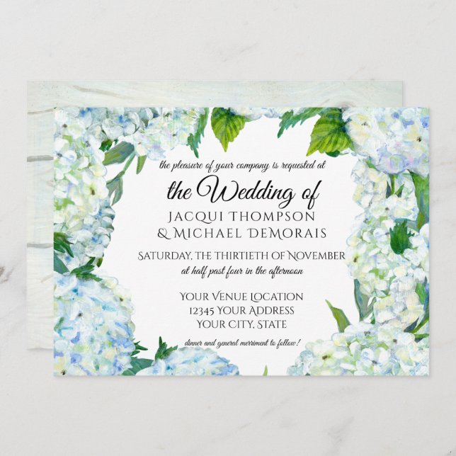 Rustic Blue and White Hydrangea Wreath Floral Wood Invitation (Front/Back)