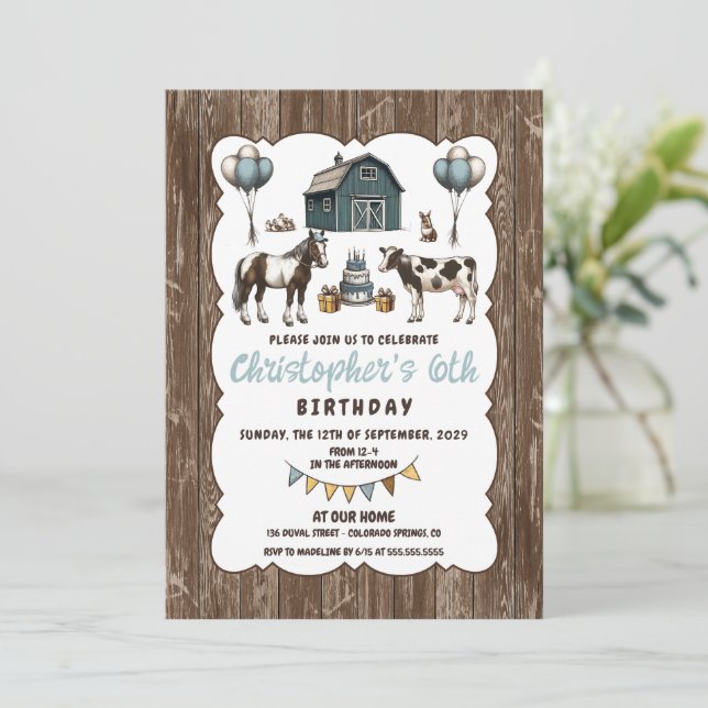 Rustic Blue Animals Birthday Party Invitation (Standing Front)
