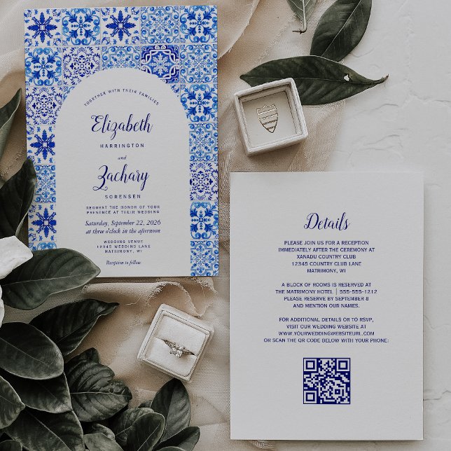 Rustic Blue Arch Portuguese Tile QR Code Wedding Invitation (Creator Uploaded)