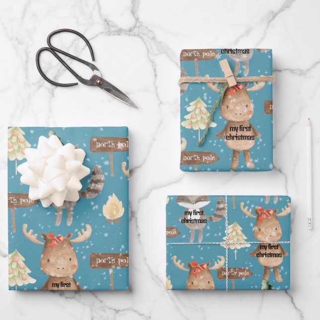 Rustic Blue Baby First Christmas Animals Add Name Wrapping Paper Sheet (Front)