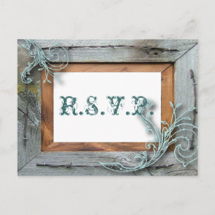 rustic blue barn wood Country Wedding RSVP Invitation Postcard