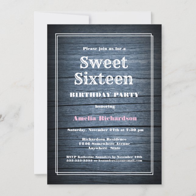 Rustic Blue Barn Wood Sweet 16 Birthday Party Invitation (Front)