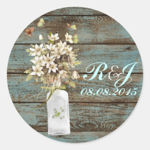 rustic blue barn wood wildflower country wedding classic round sticker