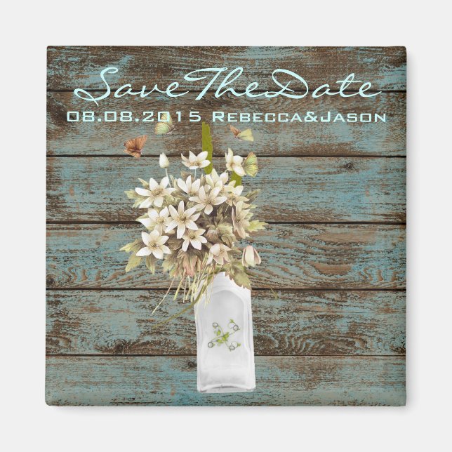 rustic blue barn wood wildflower country wedding magnet (Front)