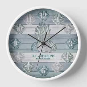 Rustic Blue Beach Wood with Seashells  Clock