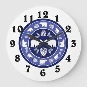 Rustic blue bear pinecone round clock