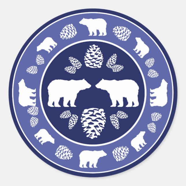 Rustic blue bear pinecone round stickers (Front)