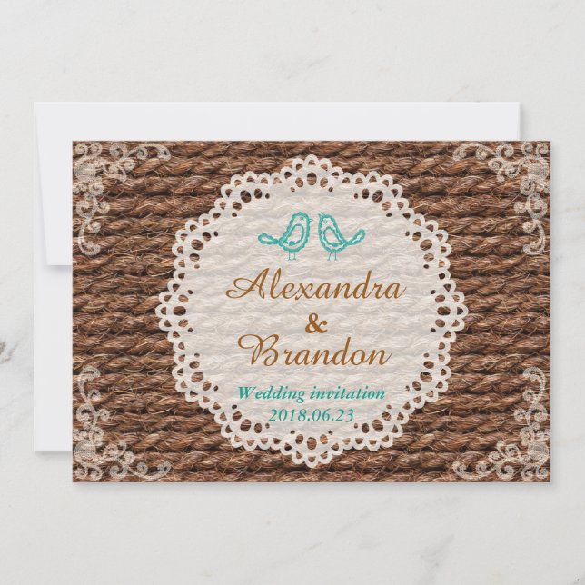 Rustic Blue Bird and Round Lace on Rope Invitation (Front)