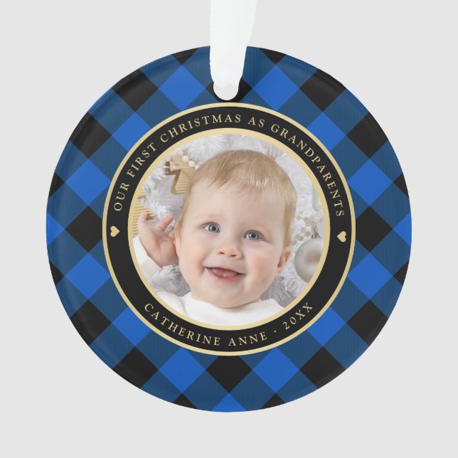 Rustic Blue Black Plaid First Grandparents Photo Ornament (Front)