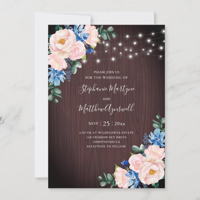 Rustic Blue Blush String Lights Wood Wedding Invitation (Front)