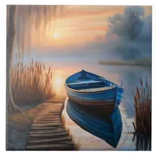 Rustic Blue Boat at Sunrise Tile