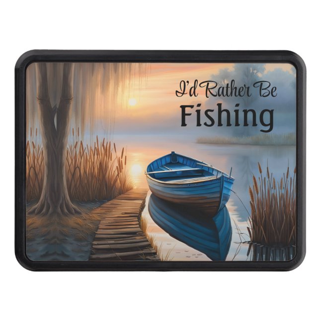 Rustic blue boat, I'd Rather be Fishing  Trailer Hitch Cover (Front)