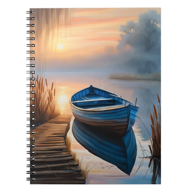 Rustic blue boat Morning Sky Reflection Notebook (Front)