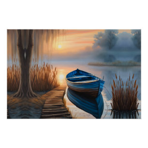 Rustic blue boat Morning Sky Reflection Poster