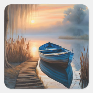 Rustic blue boat Morning Sky Reflection Square Sticker