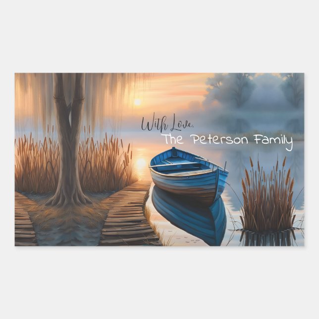 Rustic blue boat Morning Sky Reflection Sticker (Front)
