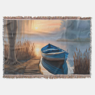 Rustic blue boat Morning Sky Reflection Throw Blanket