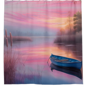 Rustic blue boat pink skies reflection