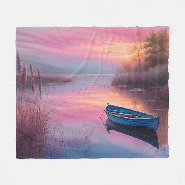 Rustic blue boat pink skies reflection fleece blanket (Front (Horizontal))