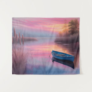 Rustic blue boat pink skies reflection tapestry