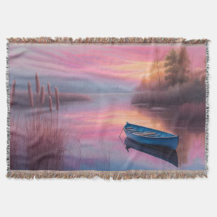 Rustic blue boat pink skies reflection throw blanket