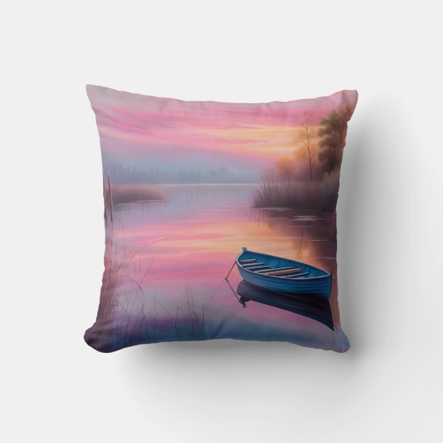 Rustic blue boat pink skies reflection throw pillow (Front)
