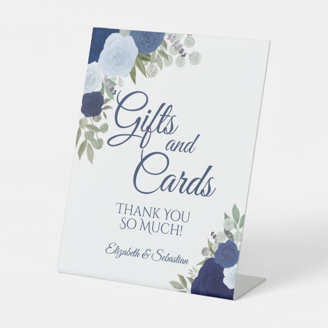 Rustic Blue Boho Floral Gifts & Cards Wedding Pedestal Sign (Front)