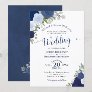 Rustic Blue Boho Watercolor Roses Formal Wedding Invitation