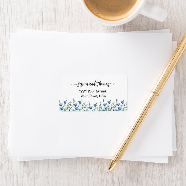Rustic Blue Boho Wildflowers Wedding Address Label (Insitu)