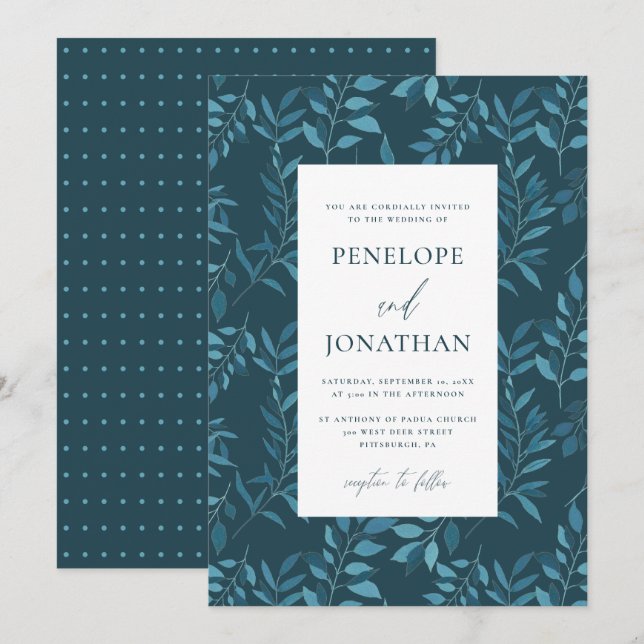 Rustic Blue Botanical with Dots Wedding Invitation (Front/Back)
