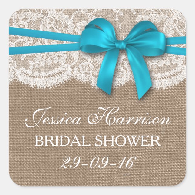 Rustic Blue Bow, Burlap & Lace Bridal Shower Square Sticker (Front)