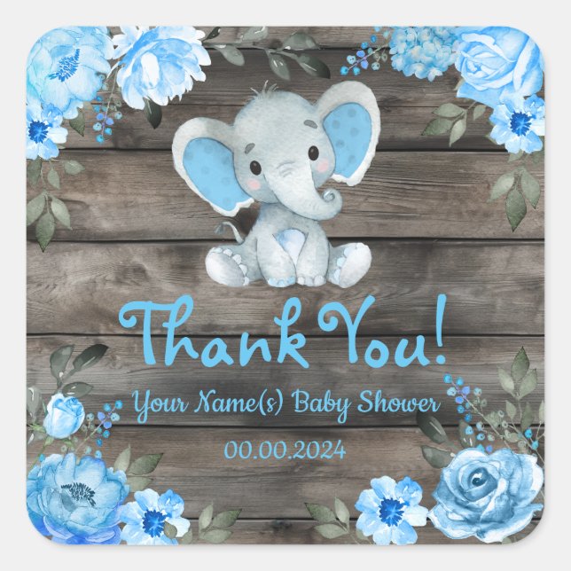 Rustic Blue Boy Elephant Label Sticker Baby Shower (Front)