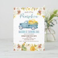 Rustic Blue Brown Fall Pumpkin Truck 1st Birthday