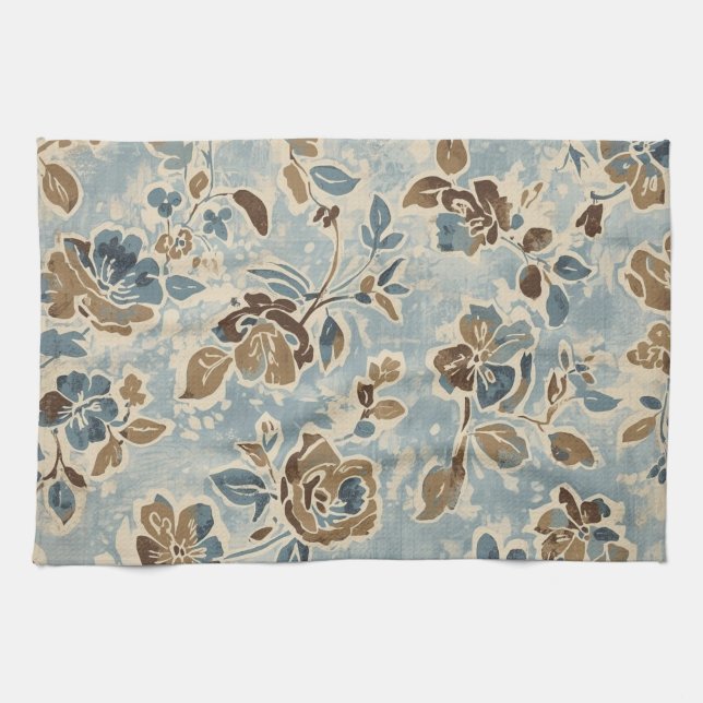 Rustic Blue Brown Tan Floral Kitchen Towel (Horizontal)