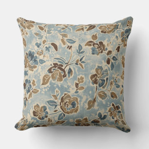 Rustic Blue Brown Tan Floral Throw Pillow