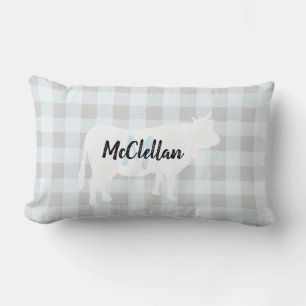 Rustic Blue Buffalo Check Cow   Monogram Lumbar Pillow