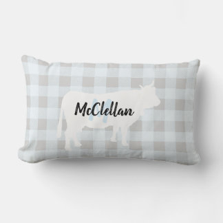 Rustic Blue Buffalo Check Cow | Monogram Lumbar Pillow