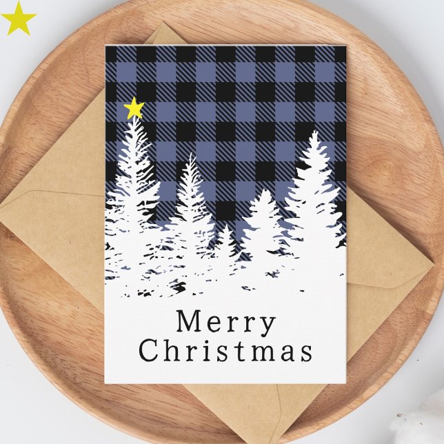 Rustic Blue Buffalo Plaid Forest Merry Christmas Card (Creator Uploaded)