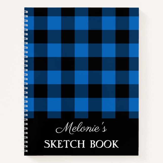 Rustic Blue Buffalo Plaid Monogram Sketch Book (Front)