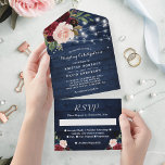Rustic Blue Burgundy Floral String Lights Wedding All In One Invitation<br><div class="desc">Impress your guests with this stunning Rustic Blue Burgundy Floral String Lights Wedding All In One Invitation. This invitation features a beautiful rustic design with a blue and burgundy floral pattern and string lights. The detachable RSVP card makes it easy for guests to respond to your invitation, while the all-in-one...</div>
