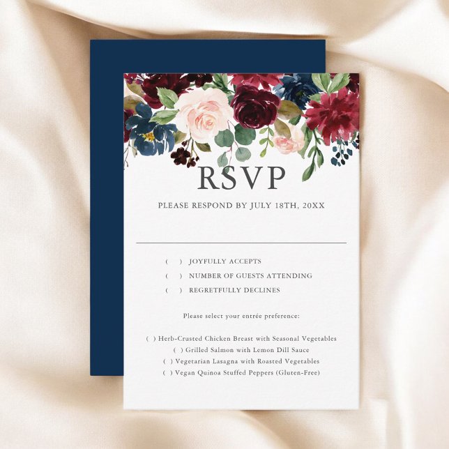 Rustic Blue Burgundy Floral Wedding RSVP Card (Creator Uploaded)