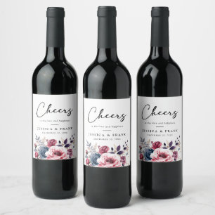 Rustic blue burgundy & purple floral wedding  wine label